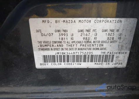 2007 Mazda Mazda3 S Touring z USA, uszkodzony, nr VIN JM1BK344971752205